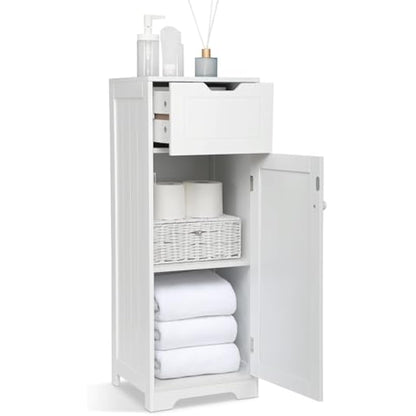 Mondeer Bathroom Floor Cabinet, Storage Unit With 1 Drawer 1 Door 2 Shelves, 32x30x87cm White MDF Painted Wood Free Standing Cupboard for Bathroom Living Room Porch