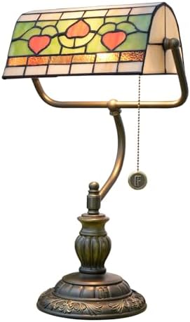 Blivuself Tiffany Style Heart Bankers Table Lamp Stained Glass Vintage Bedroom Bedside Study Pull Chain Reading Desk Lamps Office Nightstand Aesthetic Antique Green Banker'S Lamp Work Light Desklamp