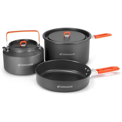 Odoland Camping Outdoor Cookware Mess Kit, Portable Camping Cooking Pot Frypan with Kettle Mesh Bag for Camping, Backpacking, Outdoor Cooking and Picnic