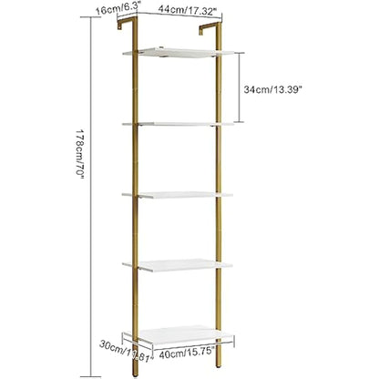 YMYNY Bookshelf Wall Mounted, Ladder Shelf, 5-Tier Bookcase Rack, Storage Unit with Metal Frame, Industrial Floating Wall Shelf for Living Room, Kitchen, Office, 40×30×178CM White HBC015W