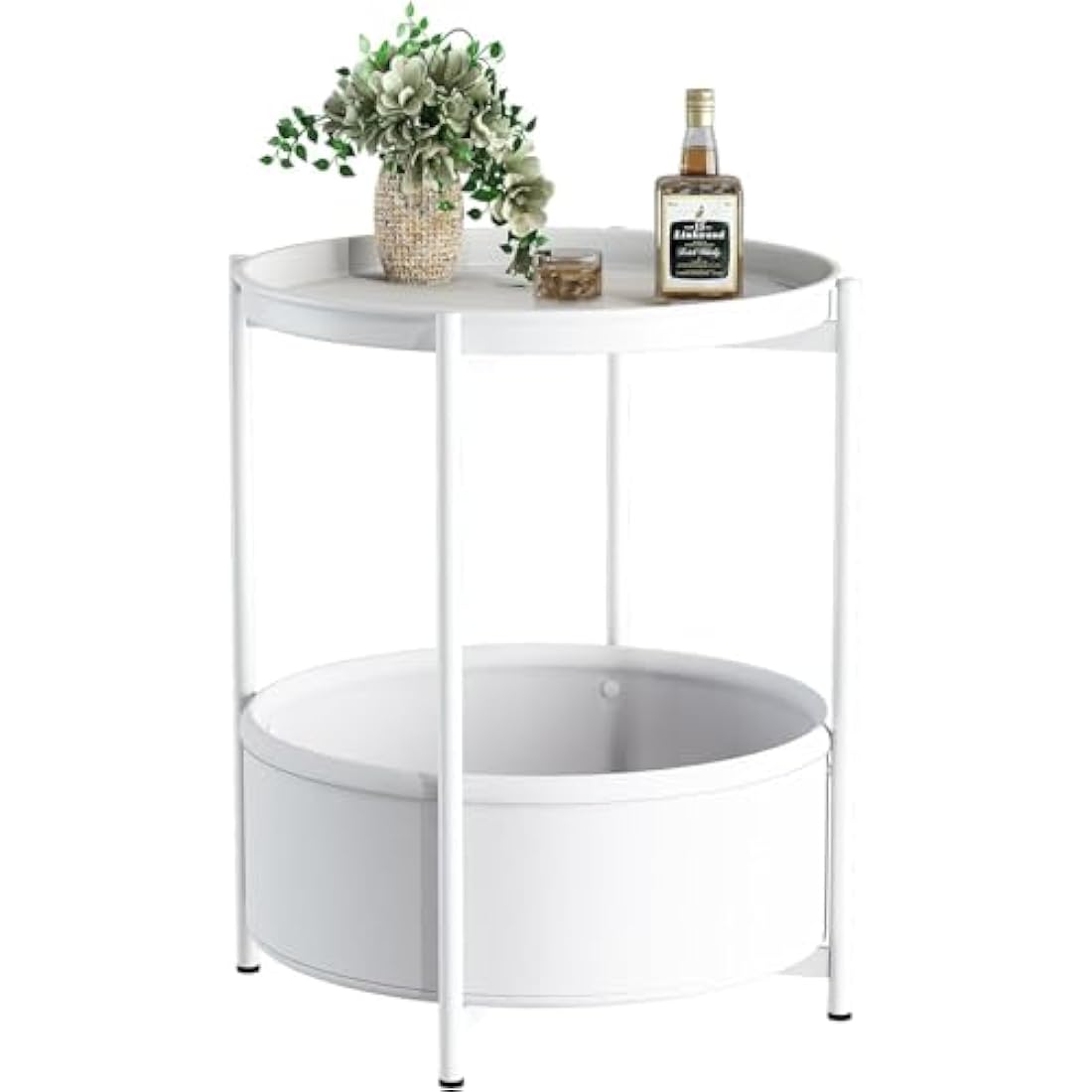 Side Table, Round End Table with Fabric Basket, Small Bedside Table, Nightstand Sofa Table for Living Room, Bedroom, Bathroom, Balcony, Modern Style (White)