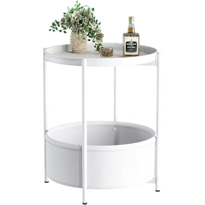 Side Table, Round End Table with Fabric Basket, Small Bedside Table, Nightstand Sofa Table for Living Room, Bedroom, Bathroom, Balcony, Modern Style (White)