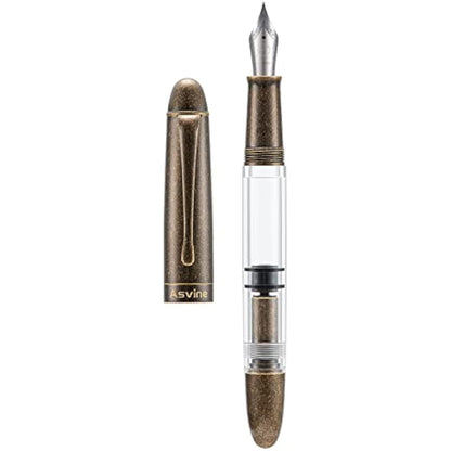 Asvine P30 Piston Fountain Pen Medium Nib, Retro Brass Style, Transparent Acrylic Large Ink Capacity Writing Gift Box