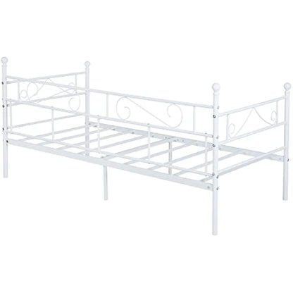 buybyroom Day bed Frame,Modern Metal Day Bed Sofa, Platform Bed Base with Headboard and Footboard Premium Stable Metal Slats for 90 x 190 mattress,White