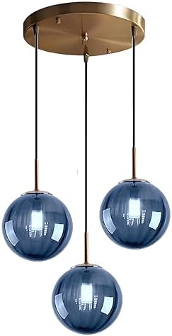 LFsem 3 Lights Pendant Lighting Fixture with 15cm Glass Globe Lampshades, E14 Gold Metal Fittings, Height Adjustable Ceiling Pendant Light for Dining Room Over The Table and Kitchen Island (Blue)