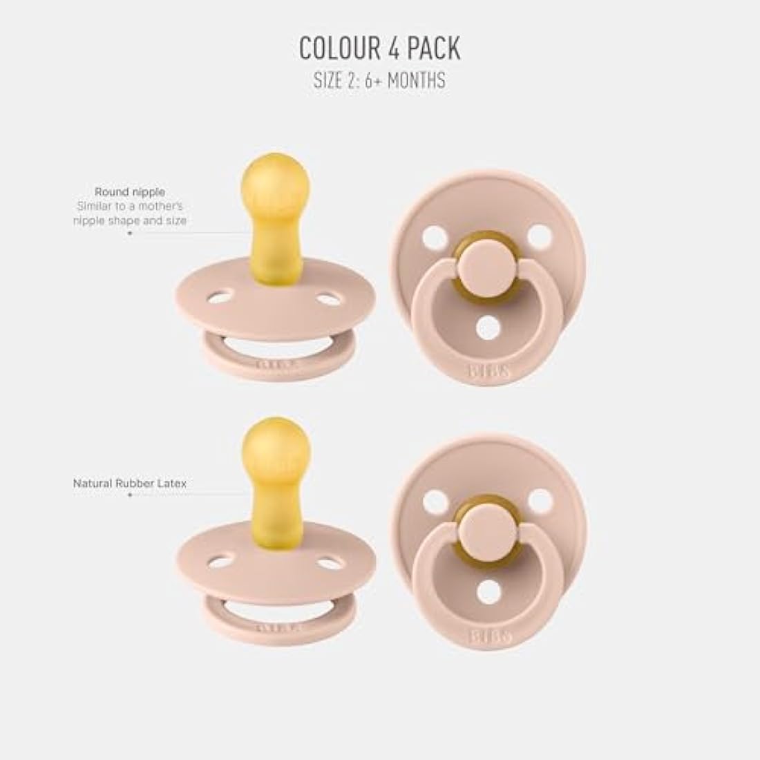 BIBS Dummies Colour 4-Pack, BPA Free Dummy Pacifier, Round Nipple Soothers, Natural Rubber Latex, Made in Denmark, Size 2 (6-18 Months), Blush