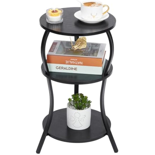 YEAKOO Vintage Round Side Table,3-Tier Slim Waist End Table with Storage Shelves,Round Sofa Side Table Small Corner Coffee Table Bedside for Living Room Bedroom Small Spaces