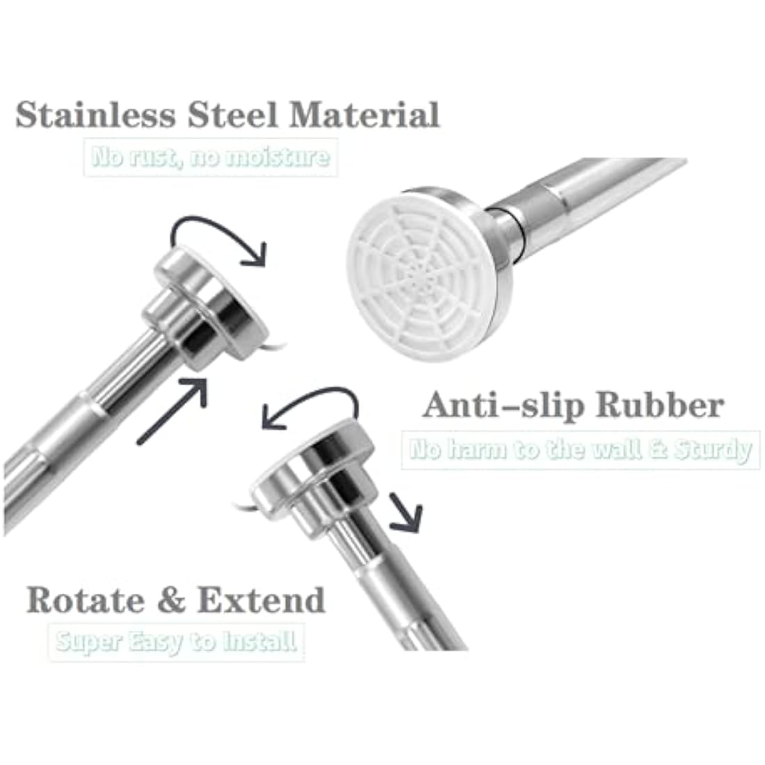 EC Breath Extendable Shower Curtain Poles 155-260cm Telescopic Tension Rod Rail Stainless Steel Bath Closet Hanging Pole