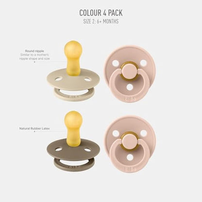 BIBS Dummies Colour 4-Pack, BPA Free Dummy Pacifier, Round Nipple Soothers, Natural Rubber Latex, Made in Denmark. 6-18 Months (Pack of 4), Baby Blush Colours