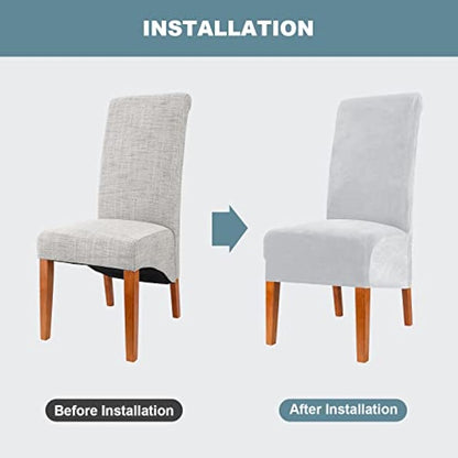CMAKER Velvet Dining Chair Covers, Stretch Large Chair Slipcovers, Spandex High Back Chairs Cover Elastic Washable Removable XL Chair Protector,Set of ４,Light Gray