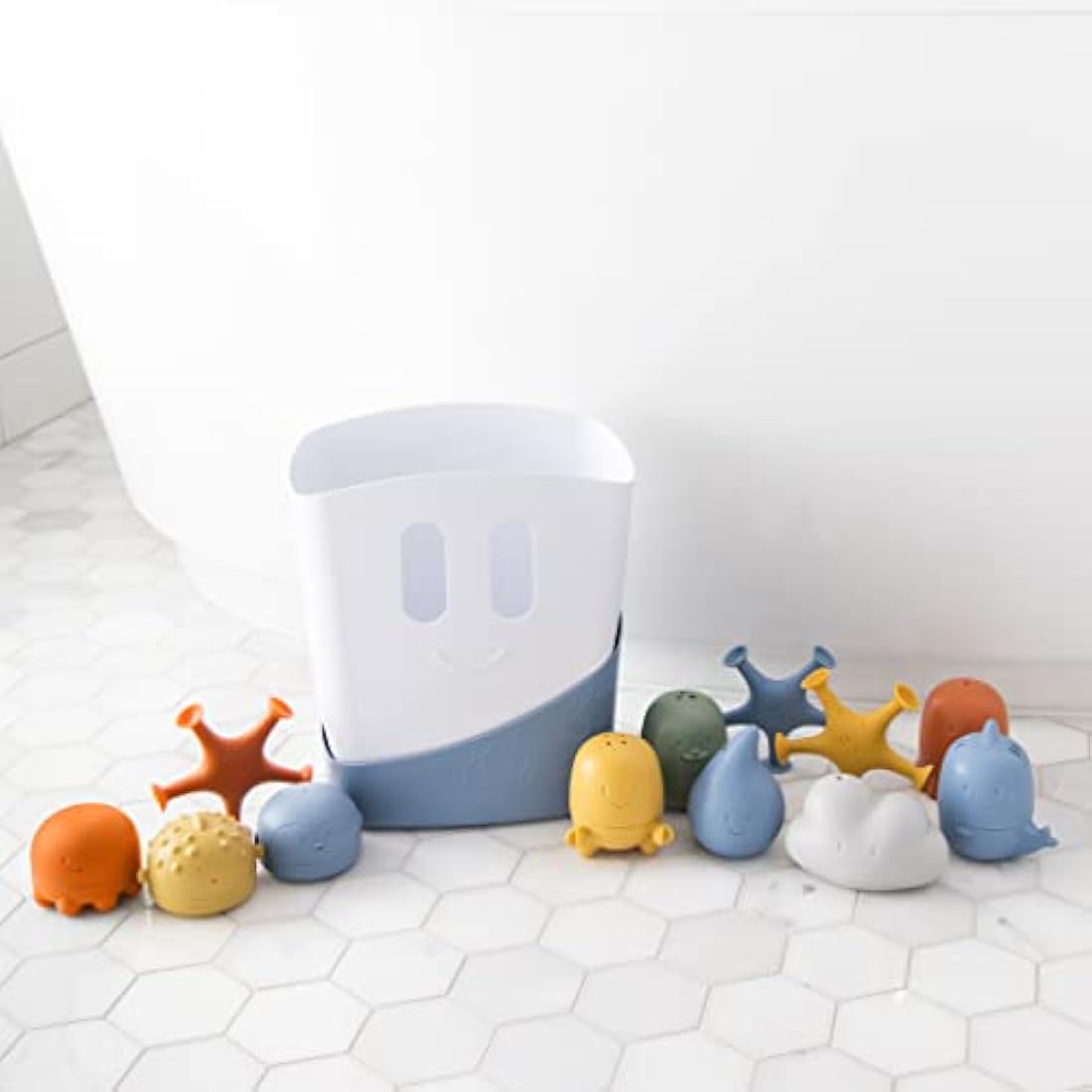 Ubbi Bath Time Essential Gift Set, Includes Drying Bin and 12 Water Toys for Toddler Bath Time Play, Baby Bath Accessory, Muted Blue