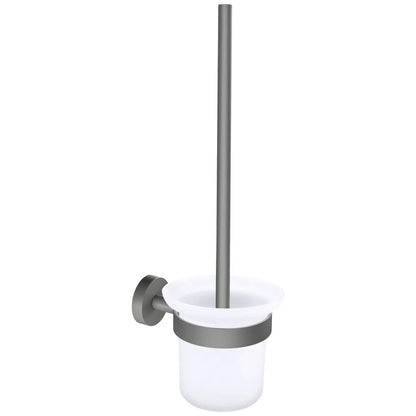 tesa MOON GREY Toilet Brush Set, with holder and toilet brush, matt grey, satin glass - for industrial style and modern bathrooms - drill-free