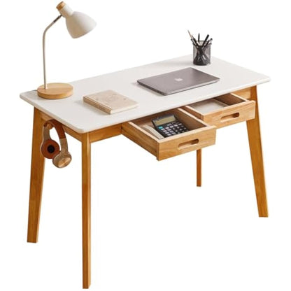Aibiju Small Computer Desk Table, Wood Writing Desk with Drawer and Hanging Rod, 39x20x30inch Study Desk, Work Desk, Wooden Dining Table White + Natural Wood Legs YD-WD01WN