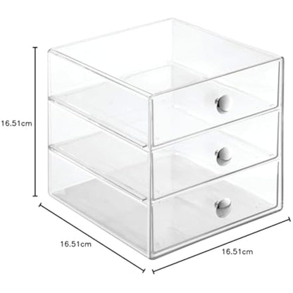 iDesign 35300 Makeup Organiser with Three Drawers, Sturdy Plastic Storage Box for Makeup, Accessories, Jewelry and More, Compact Dressing Table Organiser, Clear