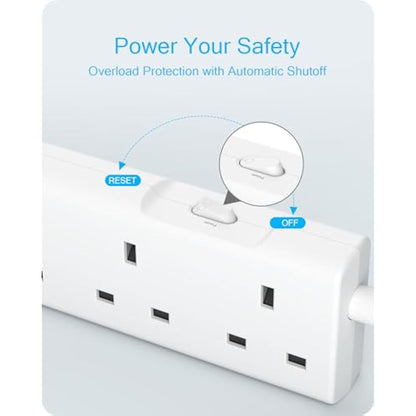 LENCENT 3M Extension Lead with USB Slots, 6 Way Outlets Power Strip with 1 USB-C and 2 USB Slots,Multi Power Plug Extension with 3M Braided Extension Cord for Home Office, White