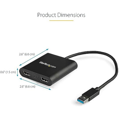 StarTech.com USB 3.0 to Dual HDMI Adapter - 1x 4K 30Hz & 1x 1080p - External Video & Graphics Card - USB Type-A to HDMI Dual Monitor Display Adapter - Supports Windows Only - Black (USB32HD2)