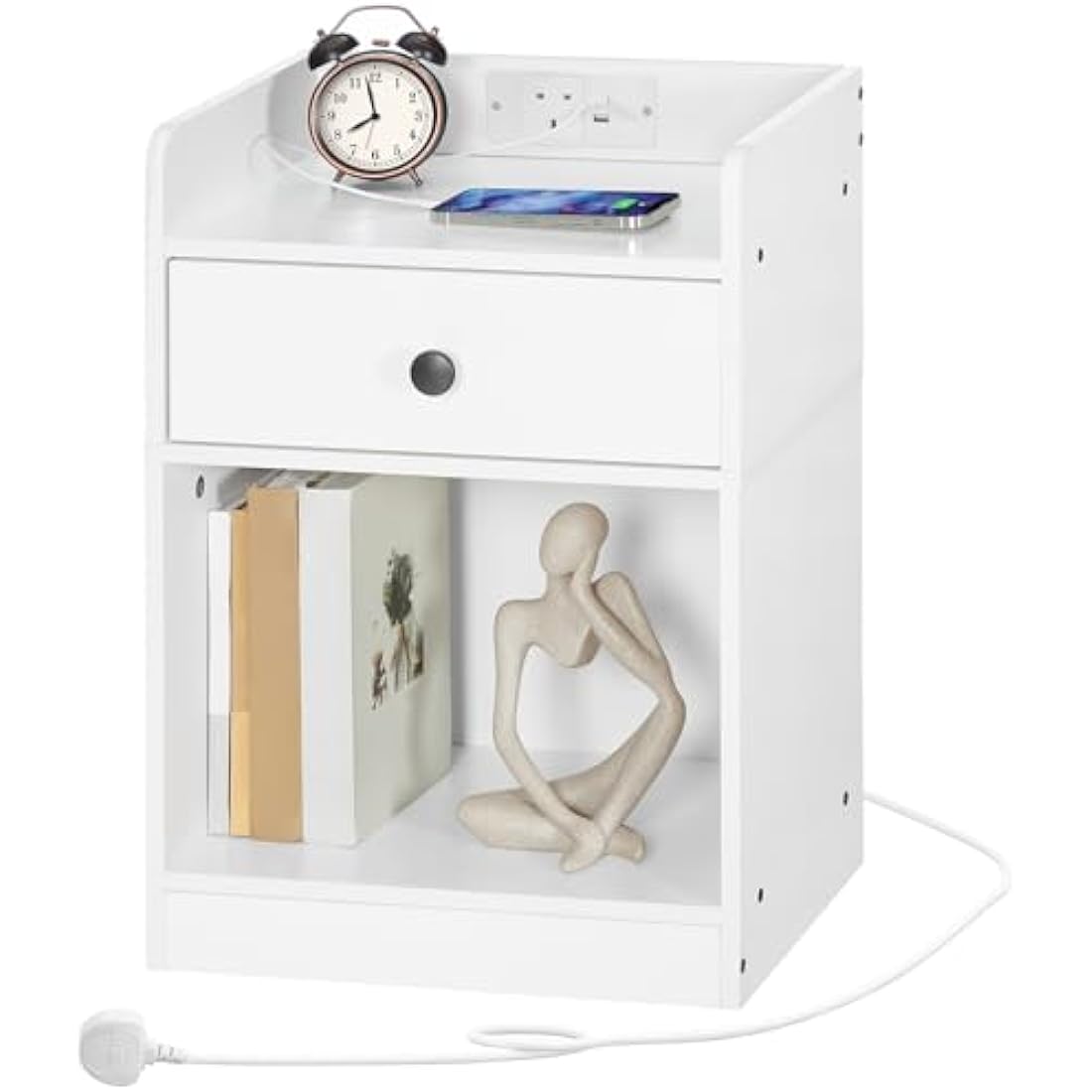 HOOBRO Bedside Table with Charging Station, Sofa Side Table with USB, Bed Side End Table with Socket and 2 USB Ports, Nightstand with Drawer, for Bedroom, Living Room, White EWT18KBZ01