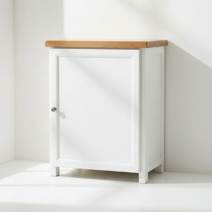 ALL WHITE Storage Cabinet with Open Shelf, White and Oak Top, 2 Doors with Metal Knobs, Ready Assembled Storage Cabinet for Hallway or Livingroom