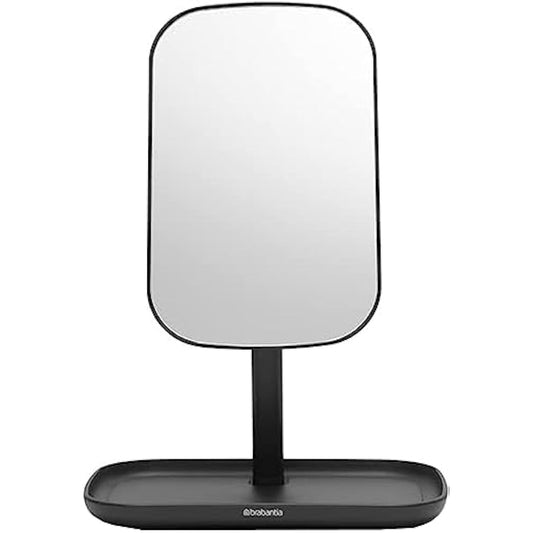 Brabantia ReNew 360° Adjustable Vanity Bathroom Mirror with Stand & Storage Tray (Dark Grey) Non-Slip Tray for Makeup, Jewellery, Shaving Accessories