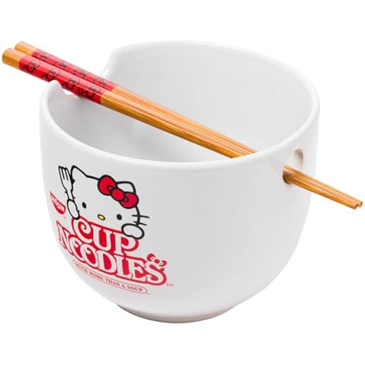 Silver Buffalo Hello Kitty Cup Noodles Nissin Boxed Ceramic Ramen Noodle Bowl with Chopsticks, 20oz