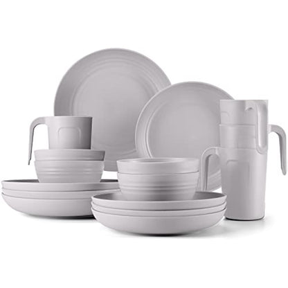 Odoland Lightweight Unbreakable Cutlery Sets for 4 People, Microwave and Dishwasher Safe Plates Bowls Mug Kit, Reusable Dinnerware with Cutlery, for Camping, Kitchen Gray