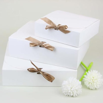 Emartbuy Pack of 12 Square Shaped Presentation Gift Box, 24 cm x 24 cm x 5 cm, Easy Assembly, White Box with Bow Ribbon