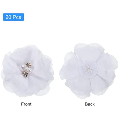 sourcing map Artificial Rhinestone Chiffon Flower Heads, White Faux Flowers 2 Inch for DIY Craft Wedding and Party Decoration Pack of 20