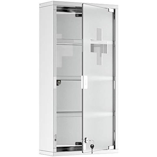 HOMCOM 4 Tier Stainless Steel Wall Mounted Medicine Cabinet Glass Lockable Door Storage Shelves Houseware Bathroom Furniture 60Hx30Wx12D(cm) w/2 Keys