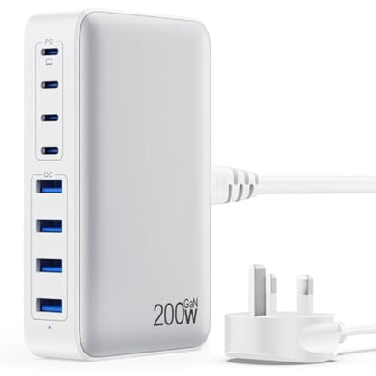 200W USB C Fast Charger Block,Upgraded GaN III 8-Port Charging Station Hub,PD 65W Laptop Charger Power Adapter Compatible with MacBook Pro/Air,Dell XPS, iPhone 16/15/Pro/14,Galaxy S24/S23 etc-White