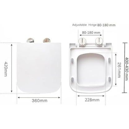 Square Toilet Seat Soft Close Toilet Seat Mute Seat Cover Quick Release Loo Seat Easy Cleaning Easy Installation with Top Fixing & Adjustable Hinges 42L x 36W cm Plastic AAN®