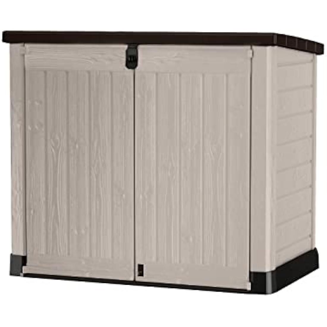 Keter Store It Out Pro Outdoor Garden Furniture Storage Shed Beige with Brown Lid Fade Free All Weather Resistant Safe and Secure Zero Maintenance 5 year Warranty