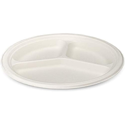 Comfy Package 100% Compostable 10 Inch Heavy-Duty Plates [125 Pack] 3 Compartment Eco-Friendly Disposable Sugarcane Paper Plates