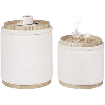 Bonlife Round White Ottoman with Storage Set of 2,Makeup Vanity Stool Chair,Ottoman Coffee Table for Living Room,Bedroom,Dining Room,39x39x44cm