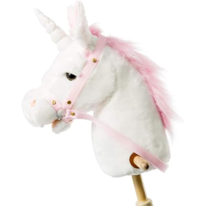 BEJOY Hobby Horse, Stick Horse with Wood Wheels - Real Pony Neighing Galloping Sounds - Plush Unicorn Toy Gift for Kids - White, 36 inches (AA Batteries Required)