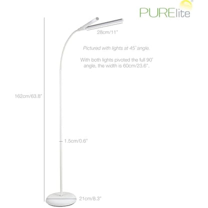 PURElite Natural Daylight Floor Lamp – Twin Lights for Double Power, Flexible LED Floor Light, 4 Colour Brightness Settings, Natural Daylight Bulbs for Reading, Needlework, Sewing, Crafting - White