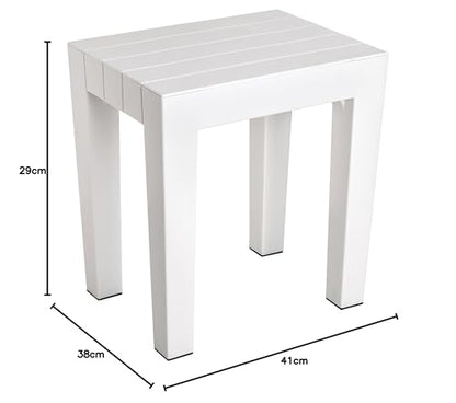 TATAY rectangular stool made of white textured polypropylene, with a wood effect finish. Anti-UV protection, suitable for indoor and outdoor use. Size