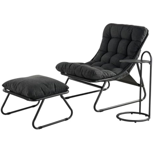 Grand patio Sun Lounger for garden, Garden lounger with Side Table and footstool, Recliner Chair with Removable Cushion for Adults, Reclining Garden chairfor Patio, Living Room, Outdoor, Dark Gray