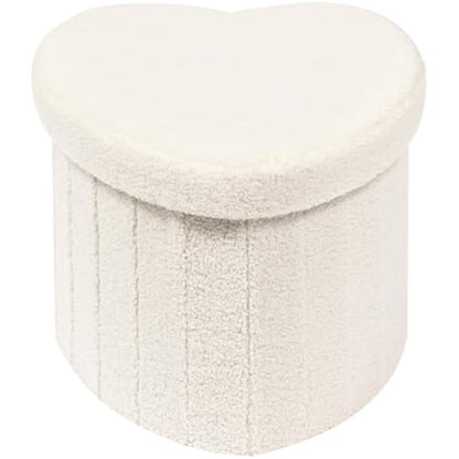 Bonlife White Boucle Ottoman with Storage,Foldable Footstool for living room,Toy Chest,Storage Seat Teddy Heart Shape Footrest,38X38X32cm