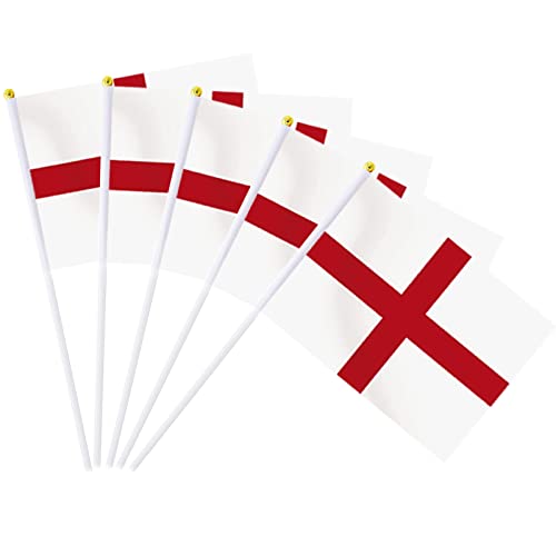 AhfuLife England Flags on Sticks for St. George's Day Decorations, 100pcs St. George Hand Held Small Flags with 30cm White Pole for Rugby Football World Cup Six Nations Decor (14 x 21cm, 100 Pcs)