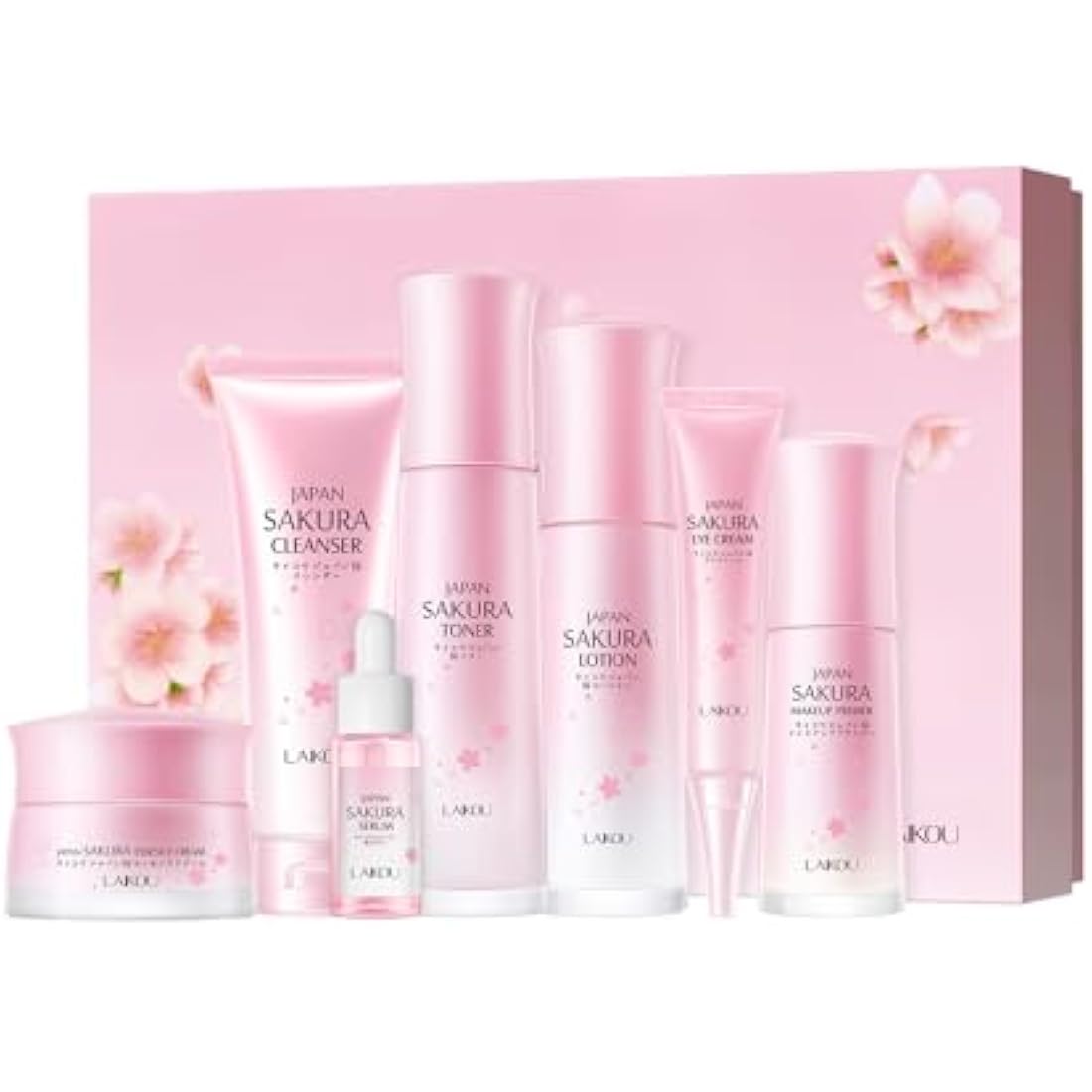 LAIKOU Japan Sakura Skincare Set, Luxury Facial Kit for Women Teenage Girls, Moisturizing & Anti Aging Skincare Gift Set - Cleanser, Toner, Lotion, Serum, Eye Cream, Face Cream, Makeup Primer, 7pcs