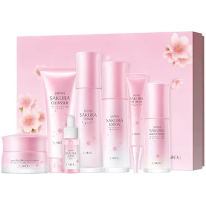 LAIKOU Japan Sakura Skincare Set, Luxury Facial Kit for Women Teenage Girls, Moisturizing & Anti Aging Skincare Gift Set - Cleanser, Toner, Lotion, Serum, Eye Cream, Face Cream, Makeup Primer, 7pcs