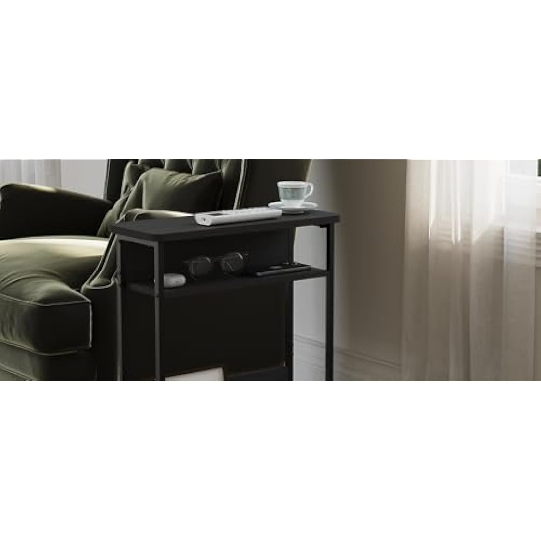 YEAKOO Narrow Side Table with Storage Shelf, 3 Tier Slim End Table for Small Spaces, Narrow Bedside Table, Small Nightstand with Magazine Rack 46x18x62.5cm