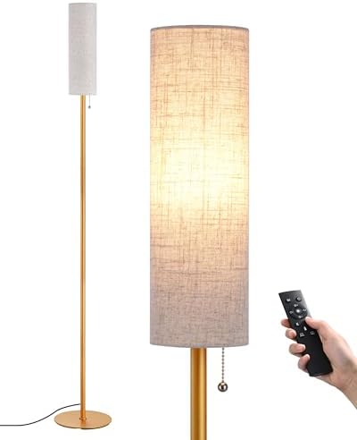 EDISHINE Floor Lamp, Standing Lamp with Rounded Linen Lampshade, Floor Lamps for Living Room, Bedroom, 165cm, E27 Socket(9W LED Dimmable Bulb Included), Magnetic Remote Control, Gold