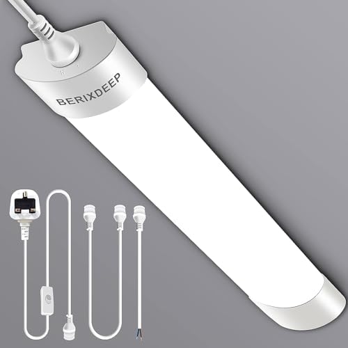 BERIXDEEP 2ft LED Batten Light 6500K Daylight, Linkable Plug in Strip Light for Garage, Workshop, Office, Wall, Kitchen, Shed, Waterproof Plug in Garage Lighting, 2FT, 60cm, 18W
