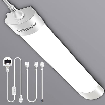 BERIXDEEP 2ft LED Batten Light 6500K Daylight, Linkable Plug in Strip Light for Garage, Workshop, Office, Wall, Kitchen, Shed, Waterproof Plug in Garage Lighting, 2FT, 60cm, 18W