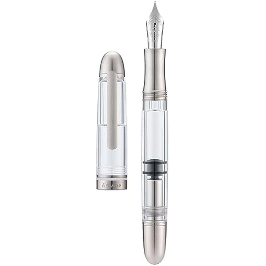 Asvine P36 Titanium Fountain Pen Piston Filling, Bock Fine Nib Clear Transparent Acrylic Smooth Writing Pen Case Set, Torpedo shape
