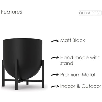 Olly & Rose Plant Pot with Plant Stand - Metal Plant Pots Indoor Planter Large Flower Pot (Black, 22cm)