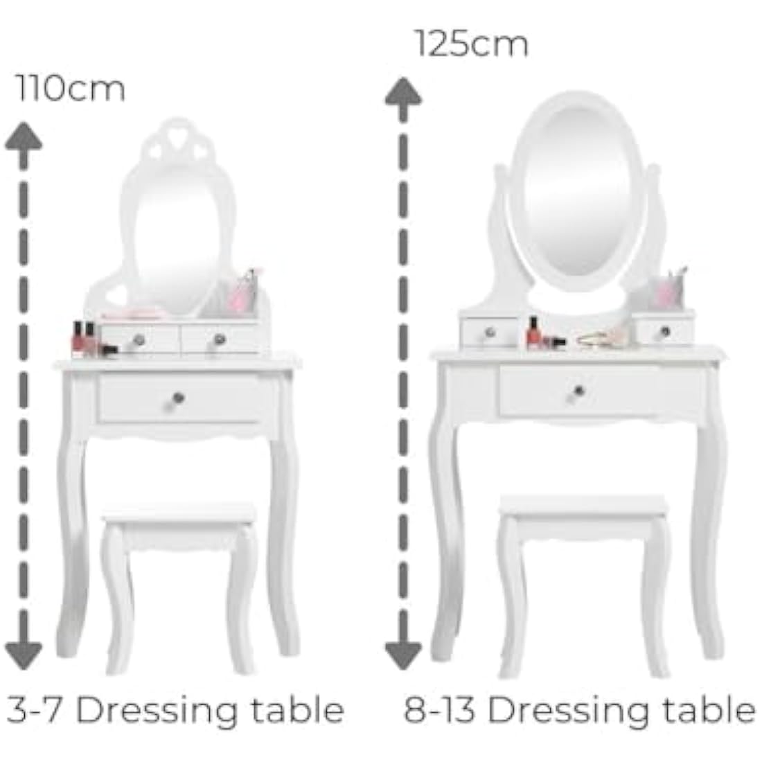 Runesol Girls Dressing Table (Age 8-13yrs) with Mirror and Stool, Children's White Wooden Make up Dresser, Kids Vanity Table, Childs Dressing table, Dressing Table Set for a Kid