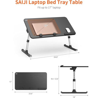 Desk, Table, SAIJI Adjustable Laptop Stand, Breafast Tray, 5 Heights, 4 angles, Stable folding Table for Bed Sofa Desk, Fit up to 17'' Laptop (60 * 33cm Black)