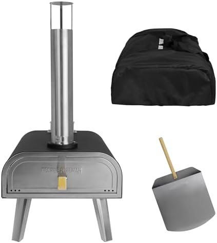George Foreman Outdoor 16 Inch Wood Pellet Portable Wood Fired Pizza Oven Black with Paddle and Carry Bag, BBQ Oven & Smoker, Foldable Legs GFWPPO2BPC